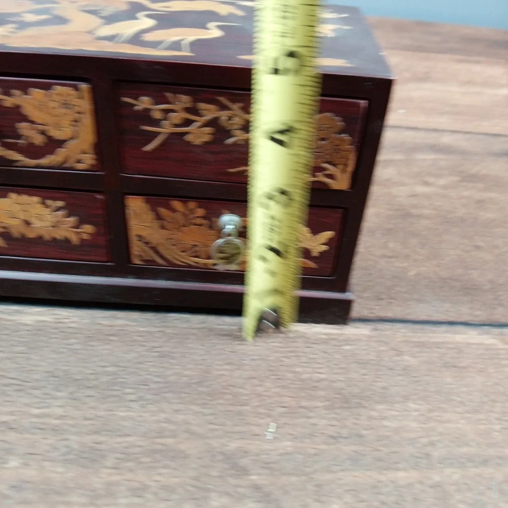 VTG MCM Asian Cherry Wood Carved Birds Abalone Shell Jewelry Box